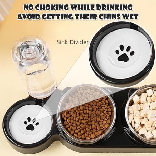3-in-1 Cat Food and Water Bowl Set, Tilted Stainless Steel Bowls with Stand, Double Food Bowls with Water Dispenser, Pet Feeding Station for Cats Small Dogs, Black — view 6