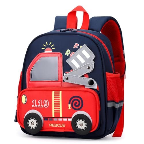 PROTAURI Toddler Backpack Boys with Chest Strap, Kids Backpack 3D Fire Engine Reflective 360° Water Repellent & Lightweight, School Bags Fits DIN A4 for 2-6 Years, 10.6L, Navy Blue