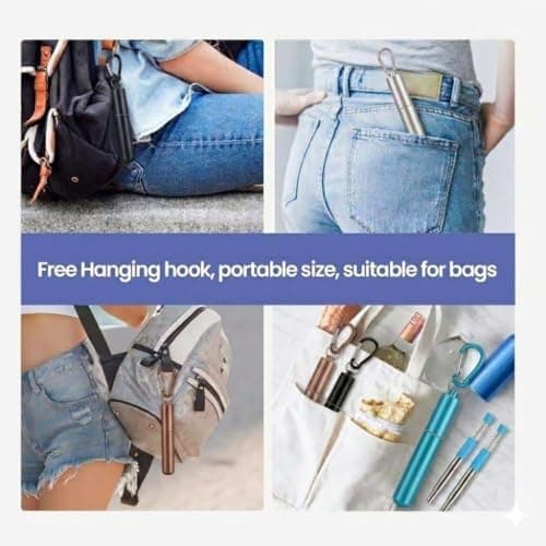 Metal Straws Reusable Drinking, 4 Pack Foldable Travel Straws with Carry Case, 304 Stainless Steel, Adjustable Length up to 23cm, Includes Cleaning Brush, Eco-Friendly — view 4