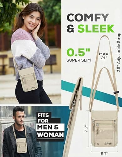 RFID Blocking Travel Neck Wallet with Passport Holder - Beige Hidden Neck Pouch for Men and Women, Slim Anti Theft Phone Card Cash Organiser for International Travel and Cruises — view 5