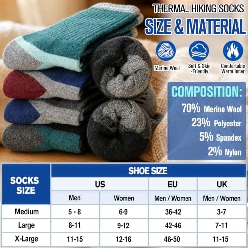 MOGGEI Merino Wool Hiking Socks for Men Thermal Warm Winter Cosy Breathable Cushioned Crew Socks for Walking Trekking Outdoor 5 Pairs, UK Shoe Size 7-11(Dark Pinstripes A) — view 6