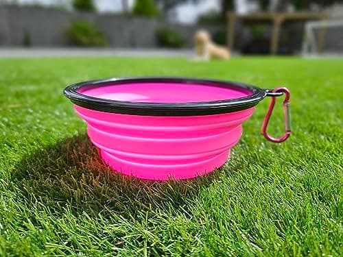 Collapsible Travel Dog Bowl Portable Large Or Small Pet Water and Food Feeding Bowl Outdoor Easy To Carry With Hook Blue or Pink (Pink Large) — view 3