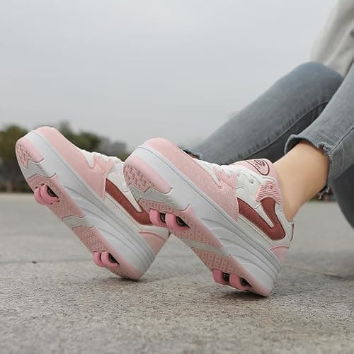 Mateju Kids Roller Skate Shoes for Boys Girls, Skateboarding Skates Outdoor Parkour Shoes Retractable 4 Wheels Unisex Teenager Children Sports Walking Running Sneakers Shoes Pink — view 5