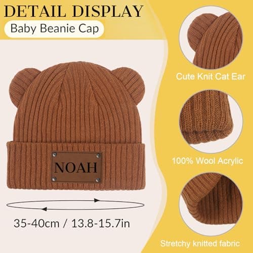 CHARMMYFASHION Personalizsed Baby Beanie Hats,Custom Toddler Baby Beanie Caps Leather Patch Name,100% Wool Acrylic,Infant Winter Warm Knitted Newborn Embroidered Hat,Personalized Baby Gifts(Navy) — view 5