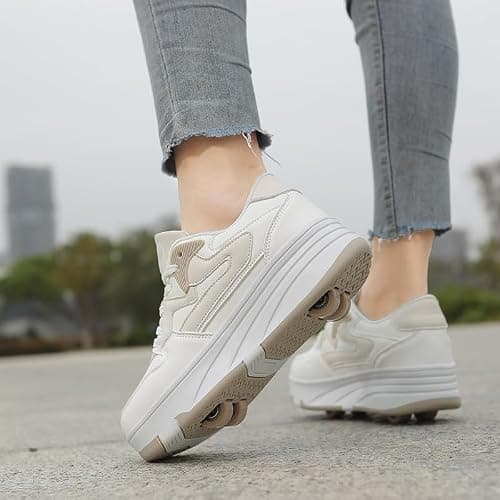 Mateju Kids Roller Skate Shoes for Boys Girls, Skateboarding Skates Outdoor Parkour Shoes Retractable 4 Wheels Unisex Teenager Children Sports Walking Running Sneakers Shoes Beige — view 5