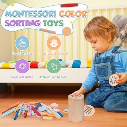 Akosuntoys Montessori Toys for 1 year old, 3 in 1 Wooden Toddler Travel Toys for 1 2 Year Old Boys Girls, Color Sorting & Fine Motor Skills Baby Toys, Gifts for 1 2 3 Year Old Boy Girl — view 4