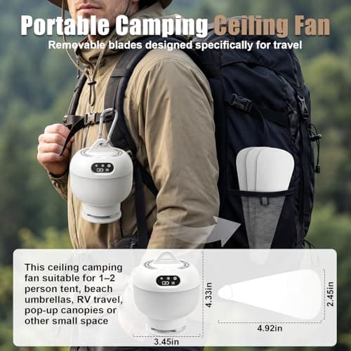 Camping Fan with Light & Remote, Portable Ceiling Fan Wireless Rechargeable Tent Fan with 4 Speeds,3 Light Modes,Timer, Battery Powered Fan for Tents, Canopy, Beach, RV, Car, Camper & Outdoor — view 6