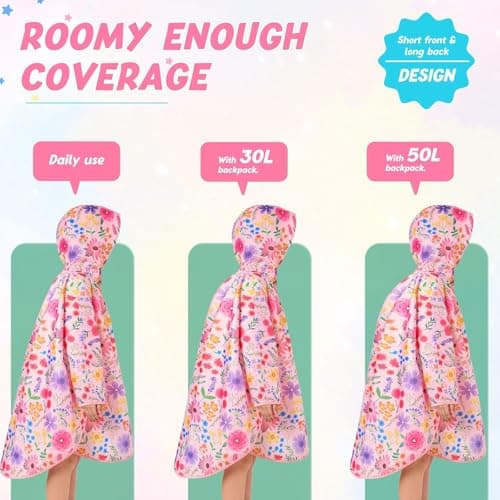 WAWSAM Kids Poncho Waterproof - Flower Rain Poncho for Girls - Lightweight Hooded Raincoat with Storage Bag - Portable Rainwear for School & Travel — view 6