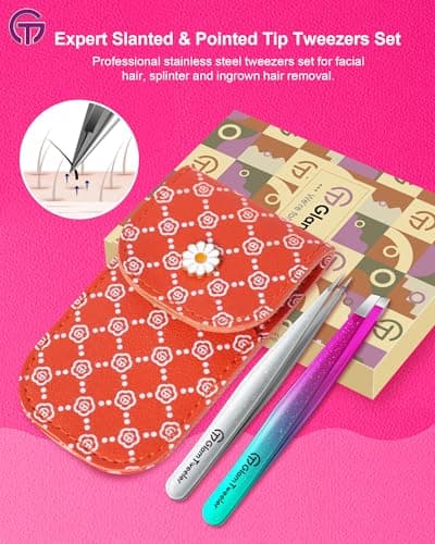 Expert Slant and Point Tip Tweezer Set with Exclusive Travel Case, GlamTweeler Sharp & Precision Tweezer Set for Eyebrows, Facial Hairs & Fine Hairs Removal (Sparkle Purple & Turquoise + Silver) — view 2