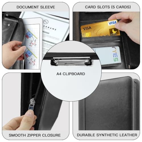 NEWYES PU Leather Zipper Conference Folder A4, Gifts for Men & Women, Travel Document Portfolio, Personal Agenda Organizer Folder, Black — view 4
