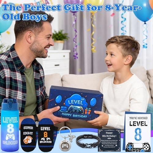 EccoDen 8th Birthday Gifts for Boys Age 8 – Funny Gamer Gift Set with Sports Water Bottle, Gamepad Keyring, Level 8 Socks & Bracelet – Cool Birthday Presents for Gamer Kids — view 2