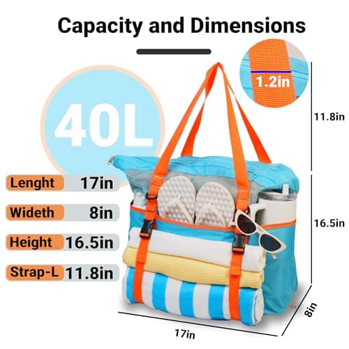 kokkoya Blue 40L Large Mesh Beach Bag with Zip for Family Pool & Travel — view 3