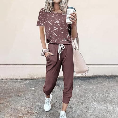Womens 2 Piece Travel Outfit Gym Tracksuit Set Summer Lounge Outfit Set Sweatsuits Printed Short Sleeve Tops High Waist Wide Leg Drawstring Joggers Pocket Sweatpant Casual Loose Holiday Dailywear 6-16 — view 3