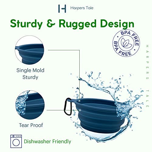 H HARPERS TALE Two Pack, Medium & Large Bowls 400ml 1000ml, Collapsible Travel Dog Food Water Bowls, Safe Silicone, Integrated Mold, No Plastic Rim, Carabiner Clip, BPA-Free, Steel Blue & Moss Green — view 4