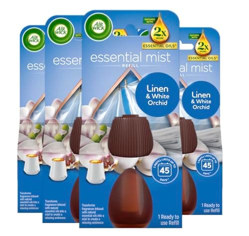 Air Wick Essential Mist Refills, Linen & Petals, Pack 4 x 20ml, Natural Essential Oils, Last up to 180 days, Air freshener