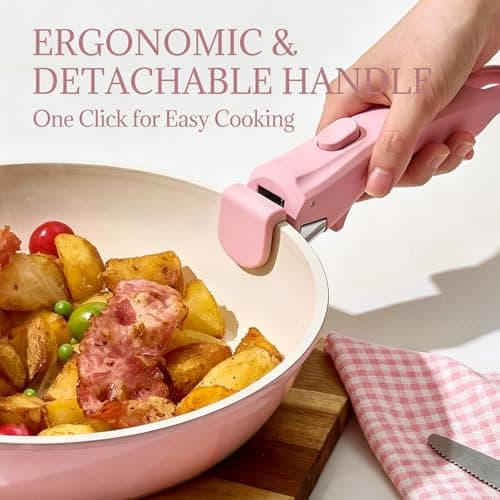 COICUR Ceramic Cookware Set Non Stick 8Pcs Pots and Pans Set Removable Handle Induction Kitchen Cookware Set with Frying Pans Oven Safe, Light Pink — view 4