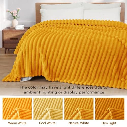 Exclusivo Mezcla Soft Striped Fleece Blanket, Yellow Fluffy Sofa Bed Throw — view 3