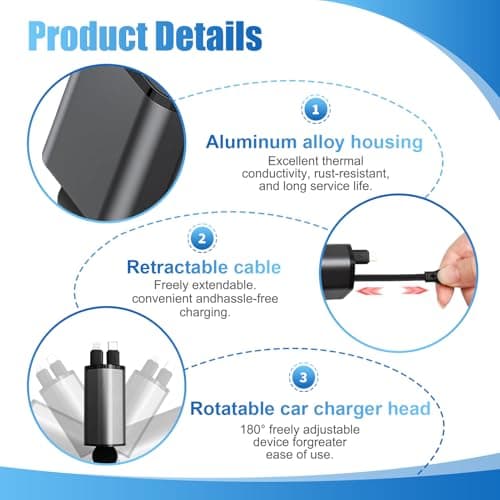 Retractable Car Charger, 4-in-1 Car Phone Charger 120W Fast Charge with 2 Retractable Cables and 2 USB Ports, Dual USB Ports Car Cigarette Lighter Adapter for Phone, Tablets, Multifunctional — view 3