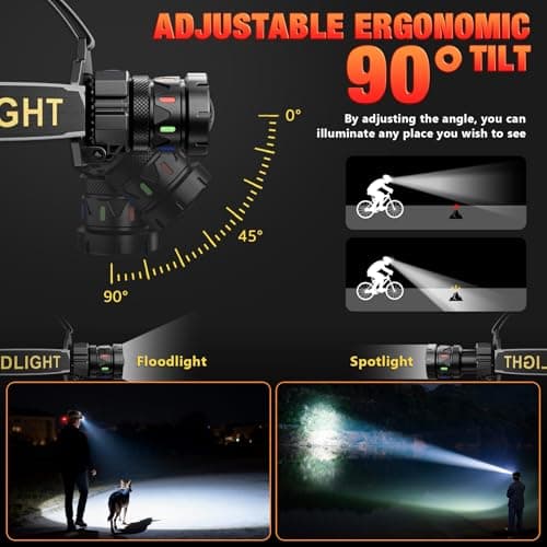 Sefitopher Head Torch Rechargeable 2 Pack,80000LM Super Bright 9 Modes LED Headlight Red Warning and Sensor,IP65 Waterproof 90°Adjustable Focus Headlight for Running, Camping, Hiking, Fishing etc — view 4