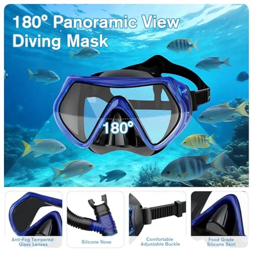 BuyCard Snorkel Mask,180 Degree Panoramic View Dry Top Snorkeling Gear，Safe Anti-Leak Anti-Fog Diving Mask, Snorkel Set and Swimming Goggles (Transparent Blue) — view 3