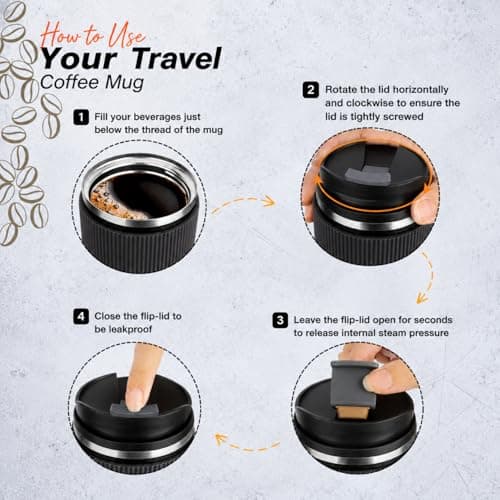 Hiecom Coffee Cup Travel Mug in Black – Vacuum Insulated Travel Mug | Leakproof Thermal Coffee Cup with Double-Wall Stainless Steel, Non-Slip Silicone Grip for Hot and Cold Beverages – 500ml — view 5