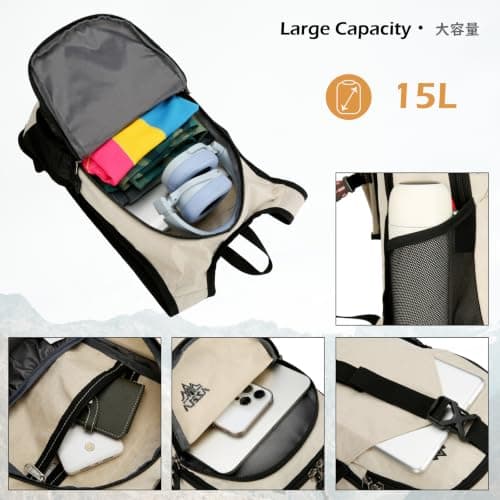 TRIWONDER 15L Lightweight Foldable Backpack Packable Rucksack for Men Women, Water Resistant Hiking Daypack for Travel Camping Cycling Outdoor Sports (Khaki) — view 3