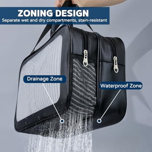 Large Clear Wash Bag, Dry Wet Segregation Toiletry Bag with Hollow Mesh Portable Makeup Bag PVC Waterproof Cosmetic Bag Travel Toiletries Bags for Women Men (Large-Black) — view 2