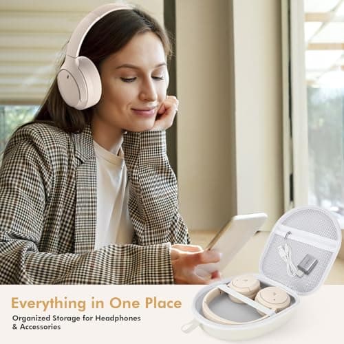 ARVOK Headphone Case Super-Slim PU Hard Shell for Sony/JBL/Bose/Soundcore Anker/BERIBES/KVIDIO/TOZO/JLab Over-Ear Headphones, Universal Travel Portable Bag with Adhesive Hook,Beige — view 5
