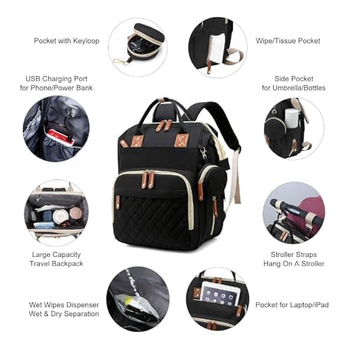 Hushco Lightweight Baby Changing Bag Unisex Backpack Nappy Bags Diaper Travel Bag for Mom and Dad | Pacifier Holder | Stroller/Pram Straps | USB Port (Black — view 2