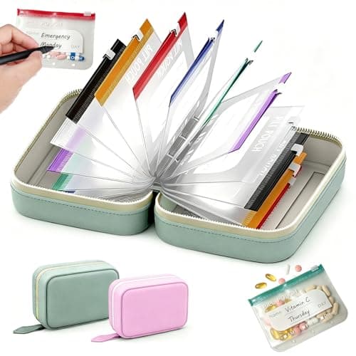 Waterproof Pill Organiser Pouch Set for Travel, 14 Removable Colour-Coded Bags Easy to Label & Refill, Storage Organizer for Medication Vitamins Fish Oils (Green)