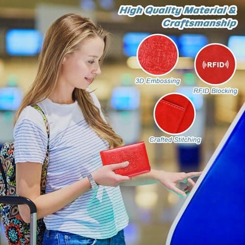 DMLuna Passport Holder, Premium PU Leather Travel Passport Wallet RFID Blocking Passport Cover Case Travel Documents Organizer with Pen Holder, for Women and Men - Red — view 5