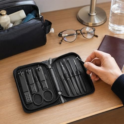 9PCS Mens Nail Grooming Kit, Heavy Duty Stainless Steel Manicure Set with Fingernail & Toenail Clippers, Scissors, Tweezers, Nail File & Cuticle Tools, Compact Leather Case for Travel
