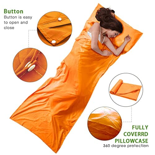 Sleeping Bag Liner, Travel & Camping Sheet for Adults, Lightweight and Compact - Comfortable Sleep Liners for Traveling, Hotel and Camping (Orange) — view 3