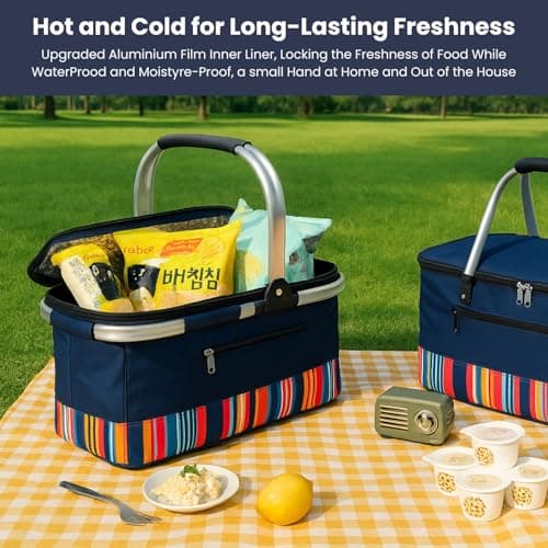 HOMESHOPA 35 Litre Insulated Picnic Basket With Lid, Red Multi Stripe Foldable Thermal Cooler Bag Hard Liner, Upright Standing Box for Outdoor Camping, Travel, Portable & Collapsible Shopping Hamper — view 5