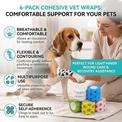 6 Pack Rolls Dog Bandages Vet Wrap, Self Adhesive Non-Woven Wrap for Cats and Pets, Breathable Stretch Tape for Paws, Legs and First Aid Kit Refills — view 6