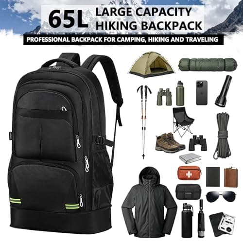 Lizbin Hiking Backpack 65L Travel Backpack Water Resistant Lightweight Rucksack for Men Women, Expandable Large Backpack Laptop Backpack Durable Camping Bag for Camping Trekking Outdoor Sports (Black) — view 3