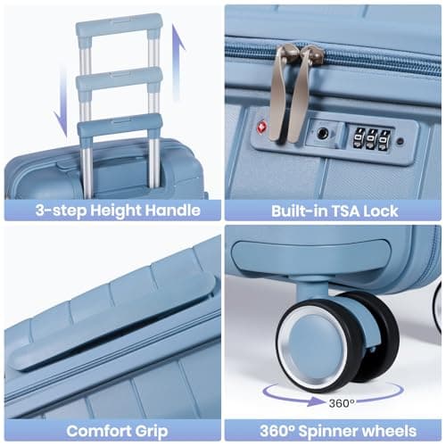 H.yeed 3 Piece Suitcase Set PP Hard Shell Luggage Set Lightweight Carry on Travel Hand Luggage with Spinner Wheels & TSA Lock 20" 24" 28" (Light Blue, 3 pcs Set) — view 6