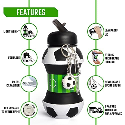 RIXOZ Football Water Bottle With World Cup Trophy Keychain - 550ml Silicone Collapsible Football Water Bottle — view 2