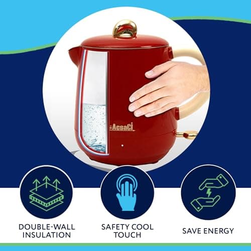 AddAcsaCi Electric Double Wall Red Kettle 600ml | Lightweight Small Electric Kettle, Cool Touch Exterior, Stainless Steel Interior, STRIX Thermostat, 1000W Quiet Boil Travel Kettle for Home/Students — view 3