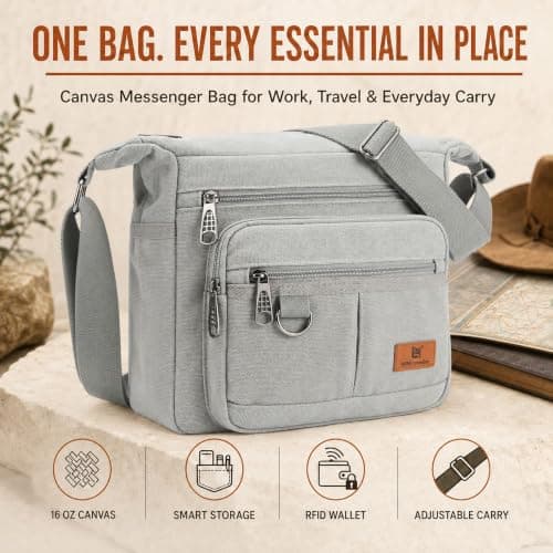W&G traveler Rfid Blocking Crossbody Bag, Messenger Work Bag with Water Bottle Holders, 13 inch Shoulder Laptop Bag for School, Travel, Tool, Commute, Camera, Grey — view 3
