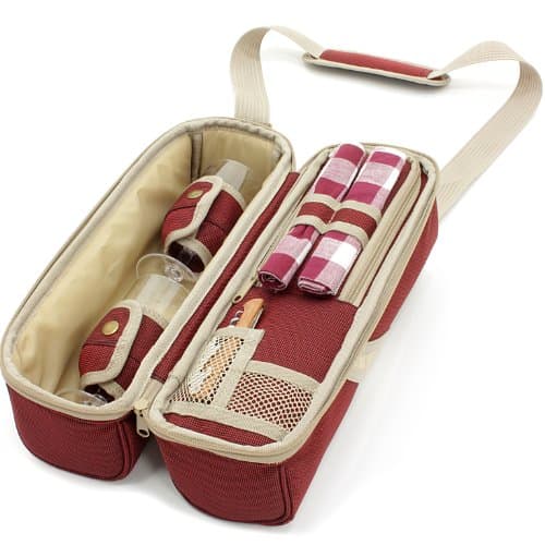 2 Person Deluxe Insulated Wine Cooler Bag for Picnic, Camping and Beach with 2x Polycarbonate Wine Glasses in Mulberry Red — view 2