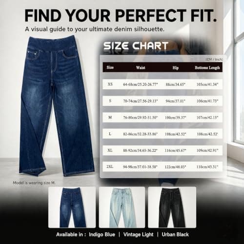 Thermal Leggings Women,Jeans for Women UK Wide Leg Trousers Womens Denim Pants Ladies Pull On Stretchy Elasticated Waist Jeans Baggy Trousers Travel Pants Work Trouser Fashion Clothing for Daily Wear — view 3