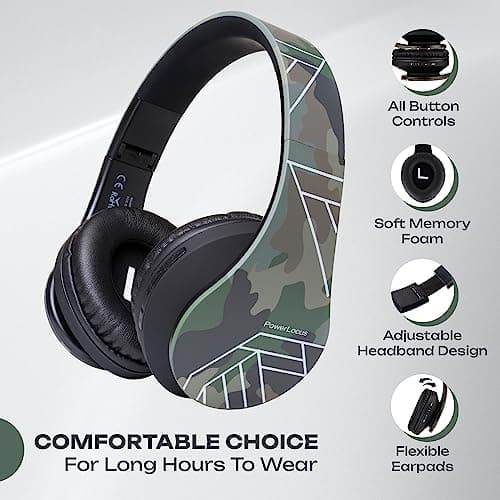 PowerLocus Bluetooth Over-Ear Headphones, Wireless Stereo Foldable Headphones Wireless and Wired Headsets with Built-in Mic, Micro SD/TF, FM for iPhone/Samsung/iPad/PC (Camouflage) — view 3