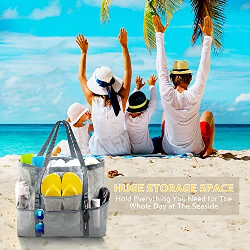 SRISE Mesh beach bag - Large beach tote bag for family beach bag for toys & vacation Essential, Grey, L, Modern — view 5