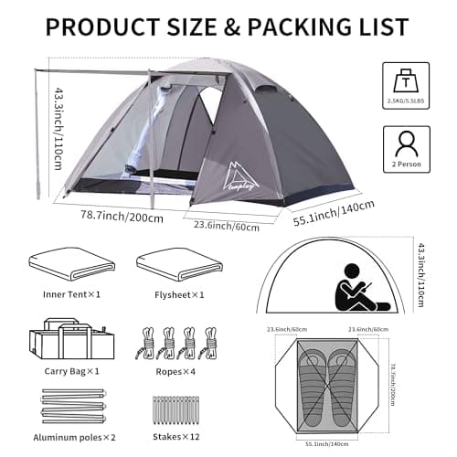 TENPLAY 2 Person Camping Tent Lightweight, PU3000mm Waterproof Backpacking Tent with Flysheet, 3-Season Double Layer Dome Tent with Aluminium Poles, 2 Doors for Hiking Outdoor Mountaineering（Grey） — view 2