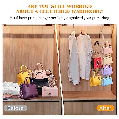 Baoswi 1 Pack Purse Hanger Closet Organisers Storage, 4-Tier Hanging Bag Holder, Silver Metal Handbag Storage Hook Backpack Rack Space Saving Hanger — view 4