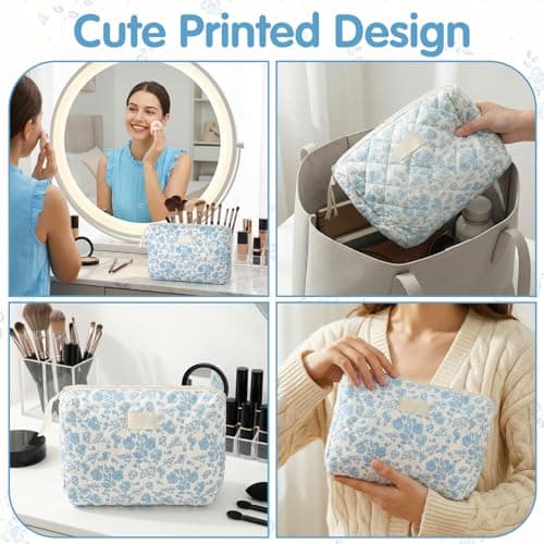 Floral Cute Makeup Bag, Large Toiletries Bag for Women Girls, Cute Cotton Makeup Pouch,Quilted Flower Travel Toiletry Organizer Bag(Blue) — view 6