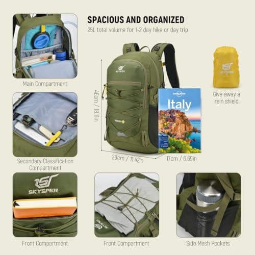 SKYSPER Rucksack 25L Hiking Backpack with Rain Cover, Lightweight Travel Backpack Camping Trekking Daypack for Men Women, Durable Small Rucksack for Outdoor Sports — view 6