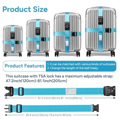 travel inspira TSA Approved Luggage Straps, Cross Suitcase Straps (Blue) — view 4