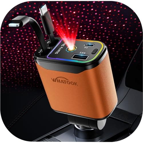 WHATOOK Retractable Car Charger Adapter: 4 in 1 Cigarette Lighter with Starry Sky LED,66W Fast USB C Mobile Phone Automobile Charger, Ford Fiesta Car Accessories Gadgets Gifts for Men Women Christmas